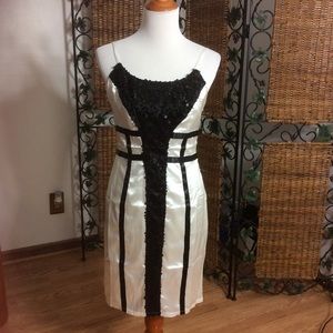 NWOT White Satin and Black Sequence Midi Dress